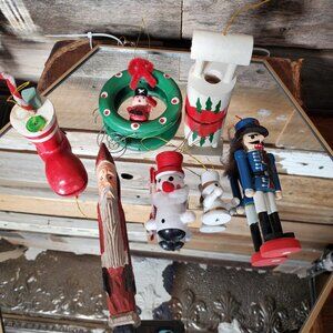 Vintage Handpainted Wooden Christmas Ornaments - Bundle of 7.